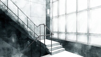 Wall Mural -  A monochromatic illustration depicts a flight of stairs adjacent to a window with an attached handrail