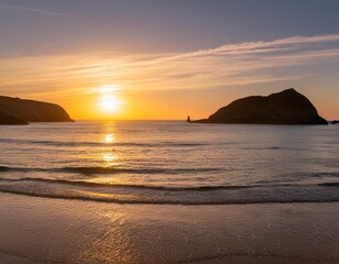 Wall Mural - The sun setting between the 2 islands off Holywell Bay, Newquay, Cornwall, UK