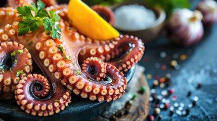 Canvas Print - Boiled octopus fresh from the pot Seafood on display Healthy dish Ample space Close up shot