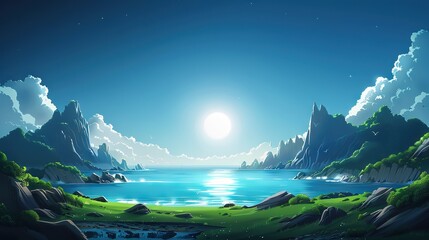 Wall Mural -   Painting of a scenic landscape featuring a serene lake surrounded by majestic mountains, illuminated by a radiant sun in the backdrop