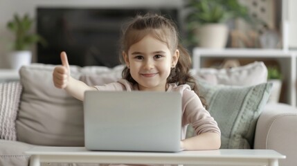 Wall Mural - A young girl is sitting at a table with a laptop in front of her