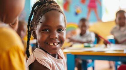 Wall Mural - A young girl is smiling at the camera in a classroom