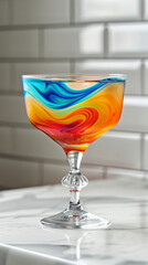 Colorful swirling liquid in a clear glass on a marble countertop, kitchen setting. Abstract art and home decor concept