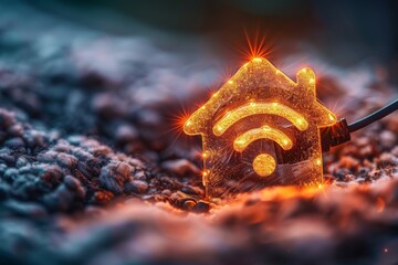 Sticker - Glowing house shaped icon with a Wi Fi symbol representing smart home technology and wireless connectivity in modern living.