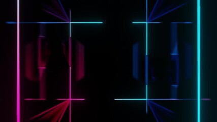 Wall Mural - Abstract background 3D animation moving through shiny glass metal and neon lights tunnel, loop