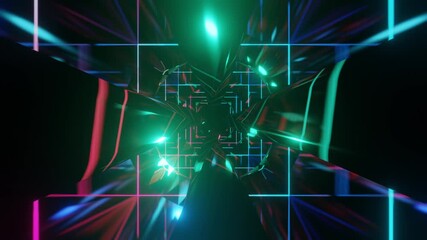 Wall Mural - Abstract background 3D animation moving through shiny glass metal and neon lights tunnel, loop