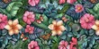 © dgpatel - Floral seamless pattern with tropical flowers bouquets, plumeria, protea, hibiscus, glasswinged butterflies, fresh foliage, exotic leaves. Hand-drawn vintage 3D illustration. Generative AI