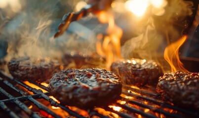 Wall Mural - Burgers grilling over an open flame. AI.