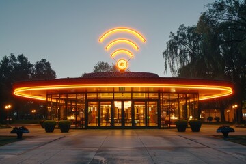 Neon Wi Fi symbol above a modern building representing advanced wireless connectivity and smart technology in urban environments.