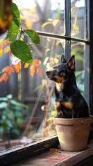 Wall Mural - A dog sits in a pot by a window, looking out at the world. AI.