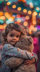 Wall Mural - A young girl hugs her toy bear with a sweet smile. AI.