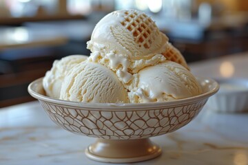 Canvas Print - A bowl of ice cream with waffle cone pieces. AI.