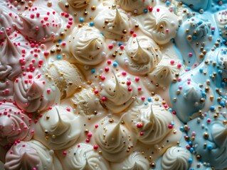 Wall Mural - A close-up of a cake with white frosting and colorful sprinkles. AI.