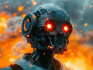 A robotic head with glowing red eyes. AI.