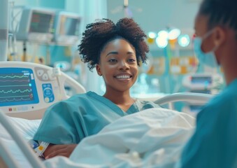 Poster - A patient smiles while speaking with a medical professional. AI.