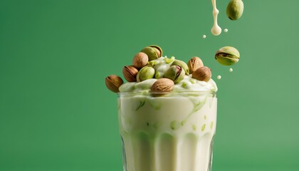 A creamy pistachio delight with whole pistachios artistically placed on top, set against a matching green background for a harmonious presentation