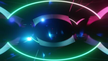 Wall Mural - Abstract background 3D animation moving through shiny glass metal and neon lights tunnel, loop