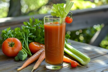 Wall Mural - Healthy Vegetable Juice with Carrot, Celery, and Tomato Garnished with Fresh Vegetables on Wooden Table