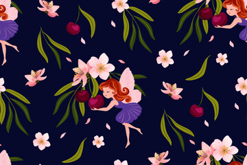 Wall Mural - Cherry blossom branch and little fairy, seamless pattern design, vector illustration, watercolor details. 