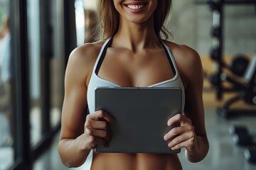 Wall Mural - A fit muscular female personal trainer smiling at the camera in a gym, close up