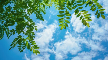 Wall Mural - Texture concept with tamarind leaves against blue sky and clouds