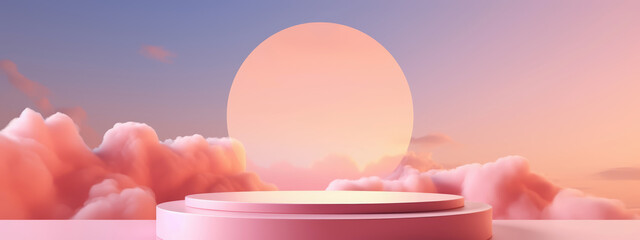 Pink podium with fluffy clouds creating a whimsical and dreamy design