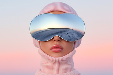 Wall Mural - Portrait of a woman with an iridescent disco ball face wearing a pink beanie and reflective sunglasses. Futuristic fashion meets retro vibes.