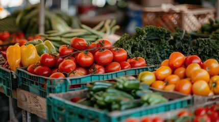 Sticker - A vibrant display of fresh tomatoes, bell peppers, and other vegetables neatly arranged at an outdoor market stall, showcasing the abundance and variety of farm produce.