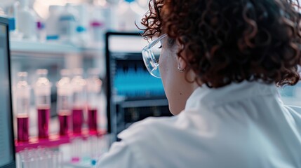 Wall Mural - a scientist is seen analyzing data on a computer screen, surrounded by scientific and laboratory equ