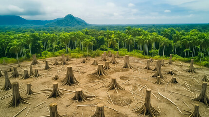 Aerial view of a vast deforested area with tree stumps scattered across the landscape 