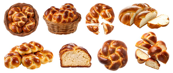 Wall Mural - Challah hallah berches braided twisted bread bun loaf slice on transparent cutout, PNG file. Many assorted different angles, stack, basket, pile, slice, torn. Mockup template for artwork design