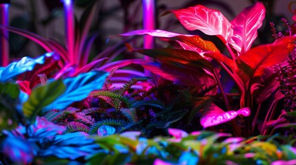 Poster - A close-up shot of lush tropical plants glowing under colorful, neon lights. The vibrant hues create a dynamic, almost otherworldly atmosphere.