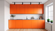 © fotogurmespb - Contemporary Scandinavian kitchen with orange cabinets, and sleek track lighting, open and inviting, minimalist and stylish design