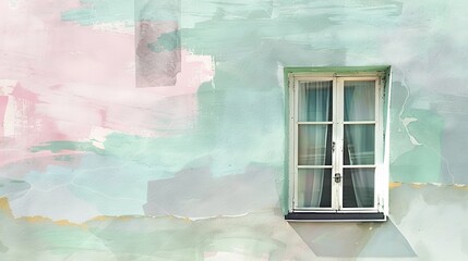 Wall Mural -   A window on the side of a building with a curtain on the window sill in front of the window