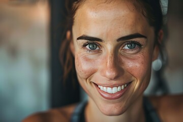 Wall Mural - A fit muscular female personal trainer smiling at the camera in a gym, close up