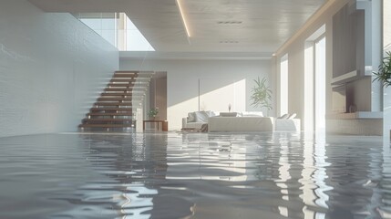 Wall Mural - Modern living room flooded with water, sunlight streaming in. Dramatic damage