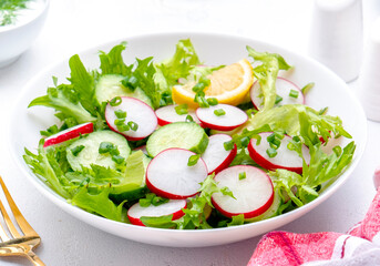 Wall Mural - Summer vegan crispy salad with cucumbers, radishes and lettuce, white background, top view