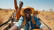 © Sergey - Group of friends on a safari, smiling and having fun while taking a selfie during a jeep ride in a desert landscape.