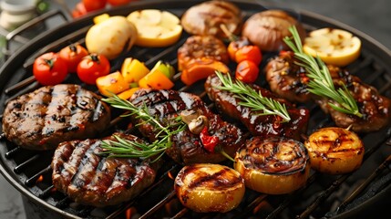 Wall Mural - A grill full of meat and vegetables, including onions, tomatoes, and mushrooms