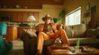 © Sergey - Older man in colorful clothing sitting on a couch in a living room with wooden furniture and a kitchen in the background.