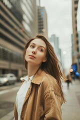 Wall Mural - a young lady walking around the city young woman on a city street Generative AI