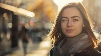 Wall Mural - a young lady walking around the city young woman on a city street Generative AI