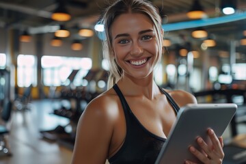 Poster - A fit muscular female personal trainer smiling at the camera in a gym, close up