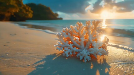 A large white coral is laying on the beach