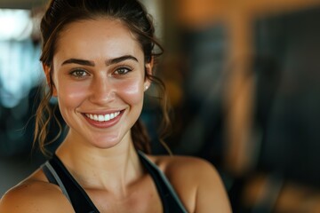 Poster - A fit muscular female personal trainer smiling at the camera in a gym, close up