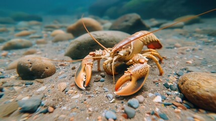 A large lobster is on the beach, surrounded by rocks. Concept of adventure and exploration, as the lobster is in an unusual environment