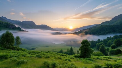 Wall Mural - A foggy mountain valley with a beautiful sunrise. The sky is a mix of blue and orange hues