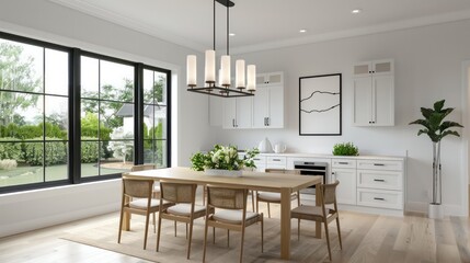 Wall Mural - A large, well-lit dining room with a white kitchen and a large window. The room is decorated with a white color scheme and has a modern design. The table is set with a vase of flowers