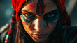 © Another Galaxy - A fierce woman with piercing eyes and tribal makeup stares intensely, wearing a red headscarf and decorative headpiece