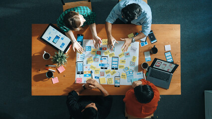 Wall Mural - professional developer team sharing idea of ux ui design by using mind map. top down view of group o